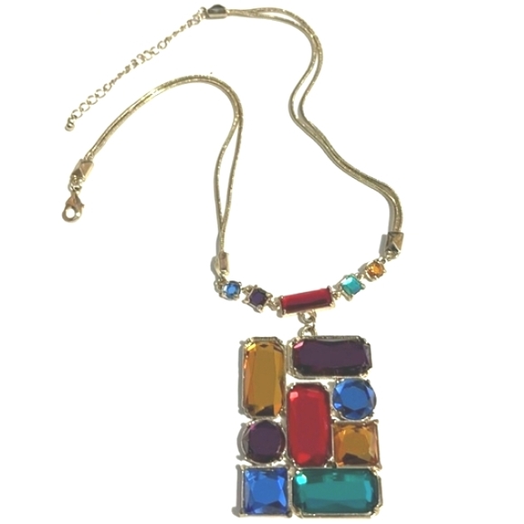 VINTAGE MULTICOLORED RHINESTONE PENDANT DOUBLE SNAKE CHAIN 18-21" NECKLACE - Picture 6 of 12